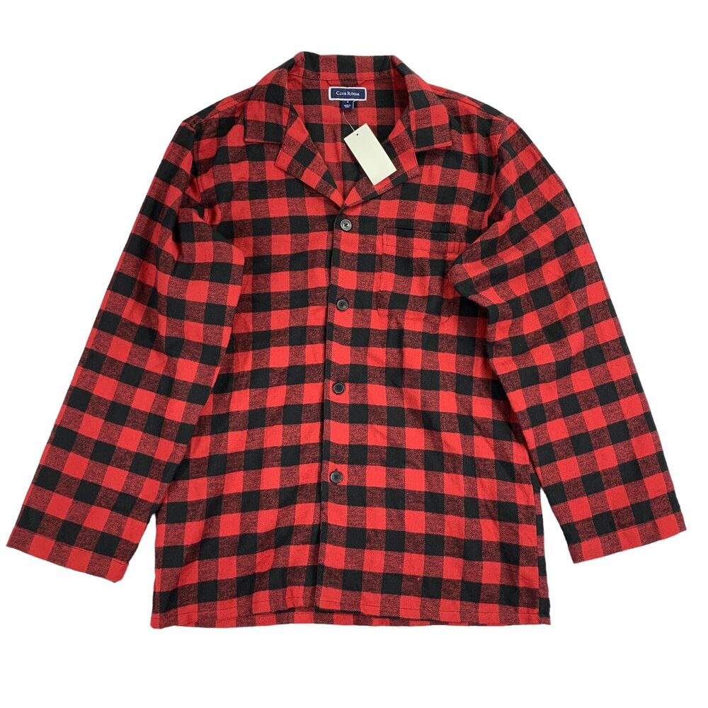 Club Room Mens Flannel Plaid Long Sleeve Pajama Button Down Sleep Shirt Red S